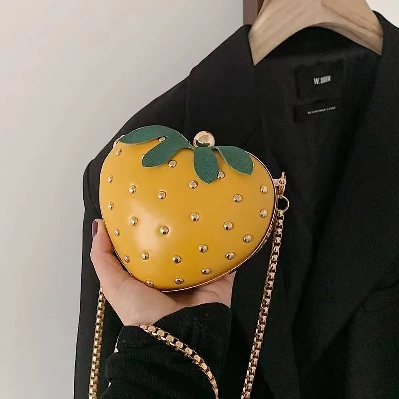 the STRAWBERRY - Cute Fruit Strawberry Heart Shape Pu Rivet Mini Fashion Ladies Chain Purse Clutch Bag