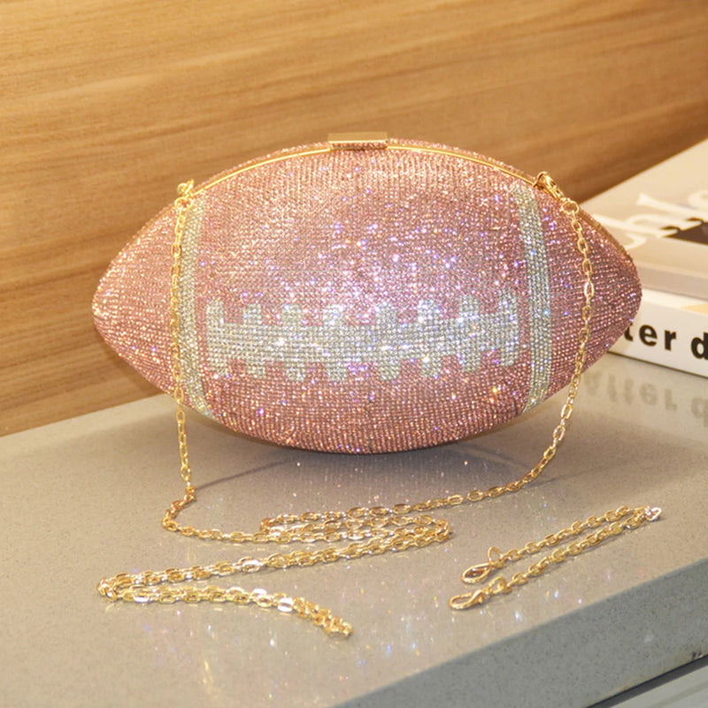 the FOOTBALLER - Football Shape Fashion Handbag. Large Capacity Rhinestone Bling Purse with Shoulder Chain, Shiny Diamond Purse