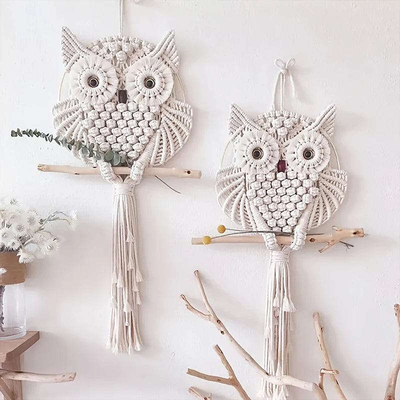 the MACRAME OWL - Owl Tapestry Hand-Woven Owl Dream Catcher Wall Hanging Macrame Mandala Tassel Boho Decor, DIY Apartment Dorm Room Home Decoration