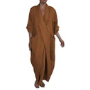 the WRAP BOHO - Spring/Fall Maxi Robe Baggy Cross V Neck Large Pocket Retro A-Line Bohemian Maxi Dress