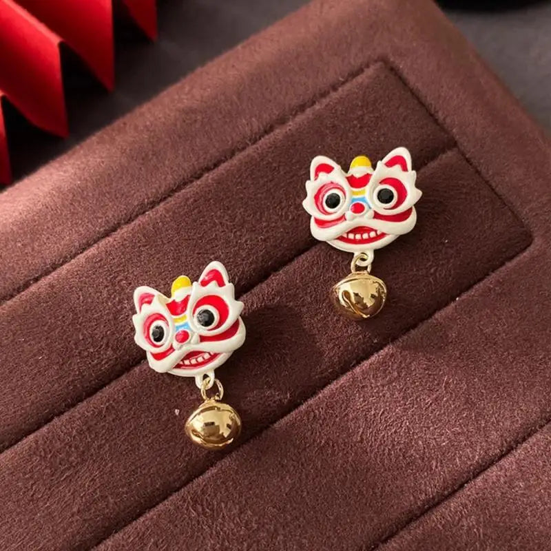 the GOOD FORTUNE - Chinese Style Red Little Lion Bell Pendant Earrings for Women, The Year of The Dragon Festive Jewelry Gifts