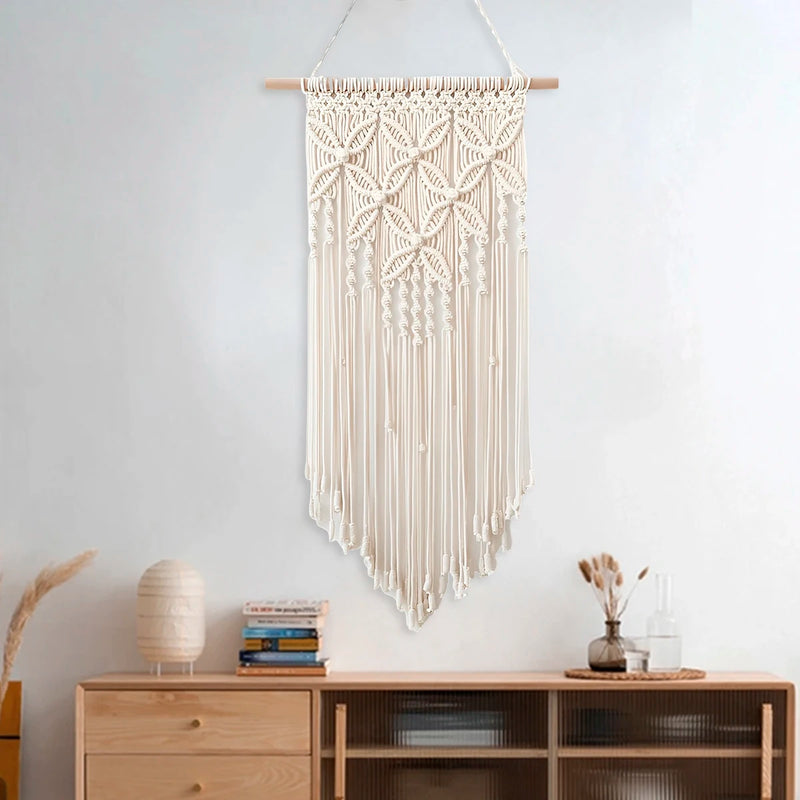 the WOVEN WALL - Macrame Wall Hanging Tapestry, Handmade Ethnic Chic Tapestry, Woven Wall Art Décor, Beige Tassel Cotton Crochet Decoration