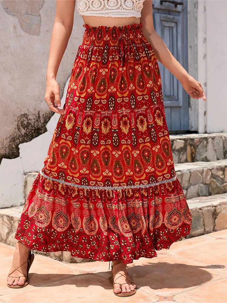 Bohemian Printed Skirt Holiday Women Beach Skirt Travel Long Skirts Ethnic Splicing A-LINE Mid Skirts Womens 2024