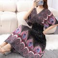 Casual Elegant Retro Bohemian National Style V-neck Elastic  Waist Large Swing Printed Summer Long Skirt Woman Dress Clothes