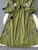 the INDIE BOHO - Bohemian Retro Ethnic Style Spring Autumn Embroidered Lace Up Lantern Sleeves Waist Cinching Long Dress