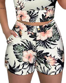 the SHORTY - Summer Women 2-Piece High Waist Hot Shorts Flower Printed Sleeveless V-Neck Sling Blouse Shorts Set