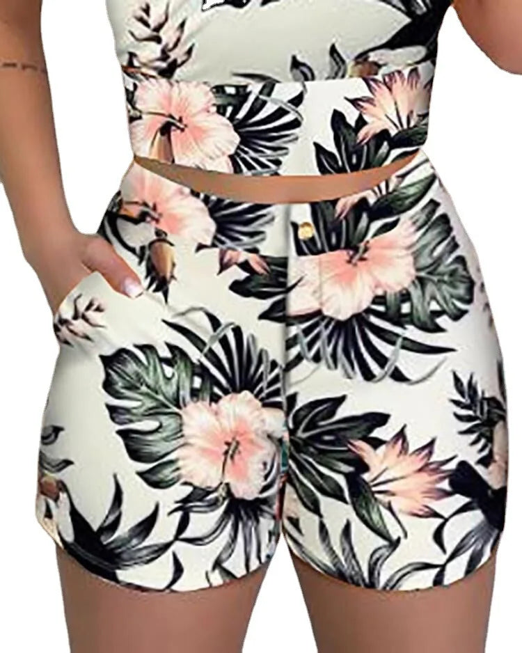 Women 2-piece Outfit Set Female High Waist Hot Shorts Pants Suit Summer Flower Printed Sleeveless V-neck Sling Blouse Shorts Set