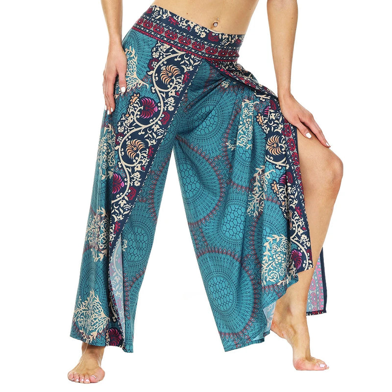 Women's Casual Soft Slit Leg Pants, Harem Dance, Beach Boho Baggy Yoga Pants, Lady Loose Wide Leg Wrap Long Pants, Summer