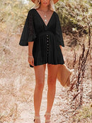 the MINI BOHO - Lace Tunic Sexy Deep V-Neck Button Bikini Cover-Ups Summer Sexy Ruffles Long Sleeves Mini Dresses