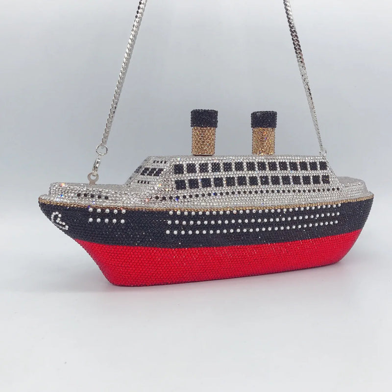 the MAIDEN VOYAGE - New Arrival Boat Crystal Clutches, Red Party Evening Clutch Bag, Wedding/Bridal Minaudiere Purse Rhinestone Handbag