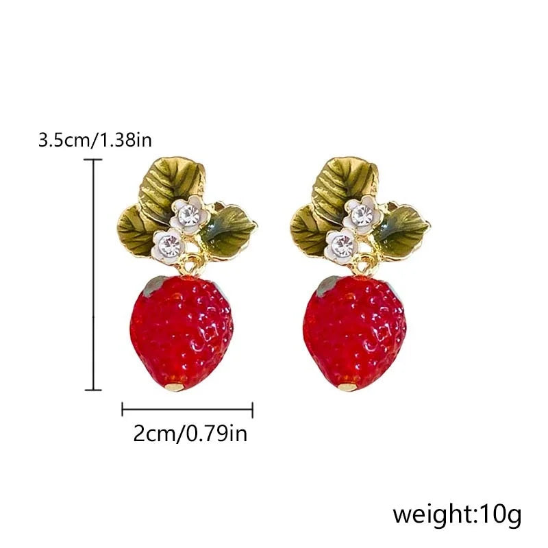 the STRAWBERRY FIELDS - Delicate Red Strawberry Flower Drop Earrings for Women, 3D Simulated Fruit Green Leaves Earrings