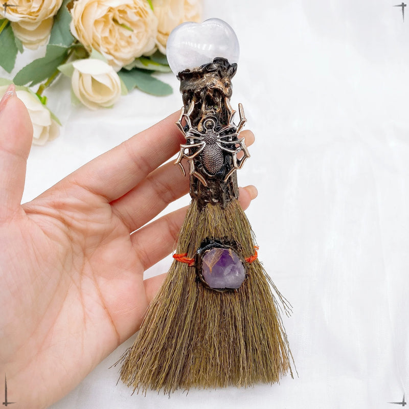 the WITCHES BROOM - Natural Amethyst Crystal Quartz Gem Love Heart Magic Broom Crafts Reiki Healing Witch Home Garden Decor Christmas Gift