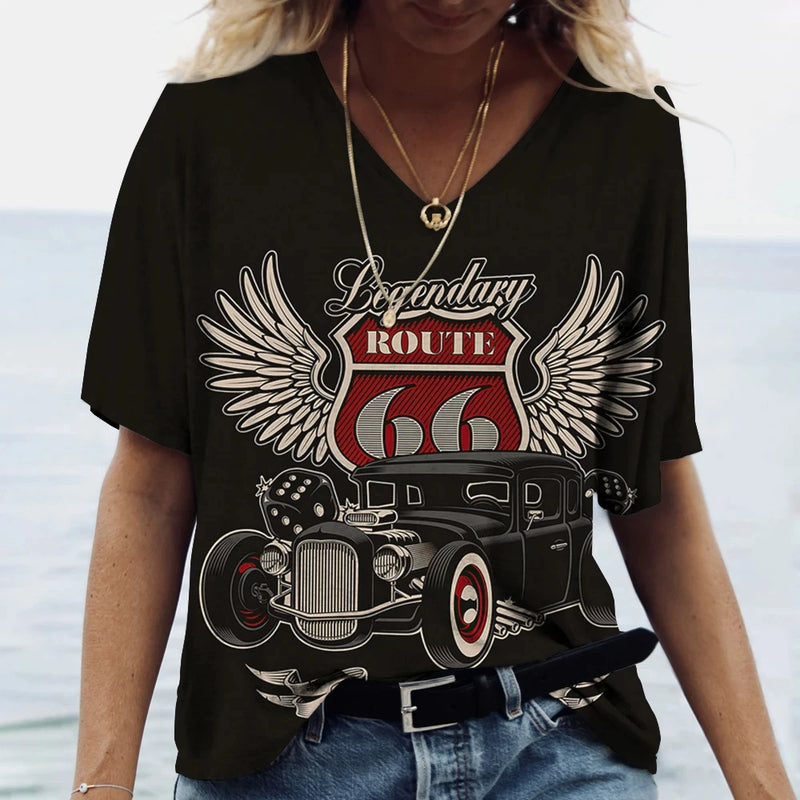 Hot US Route 66 Pattern 3D Print Women's V-Neck T-shirts Casual Lady Short Sleeve Oversized Pullover Fashion Tops Women Clothes