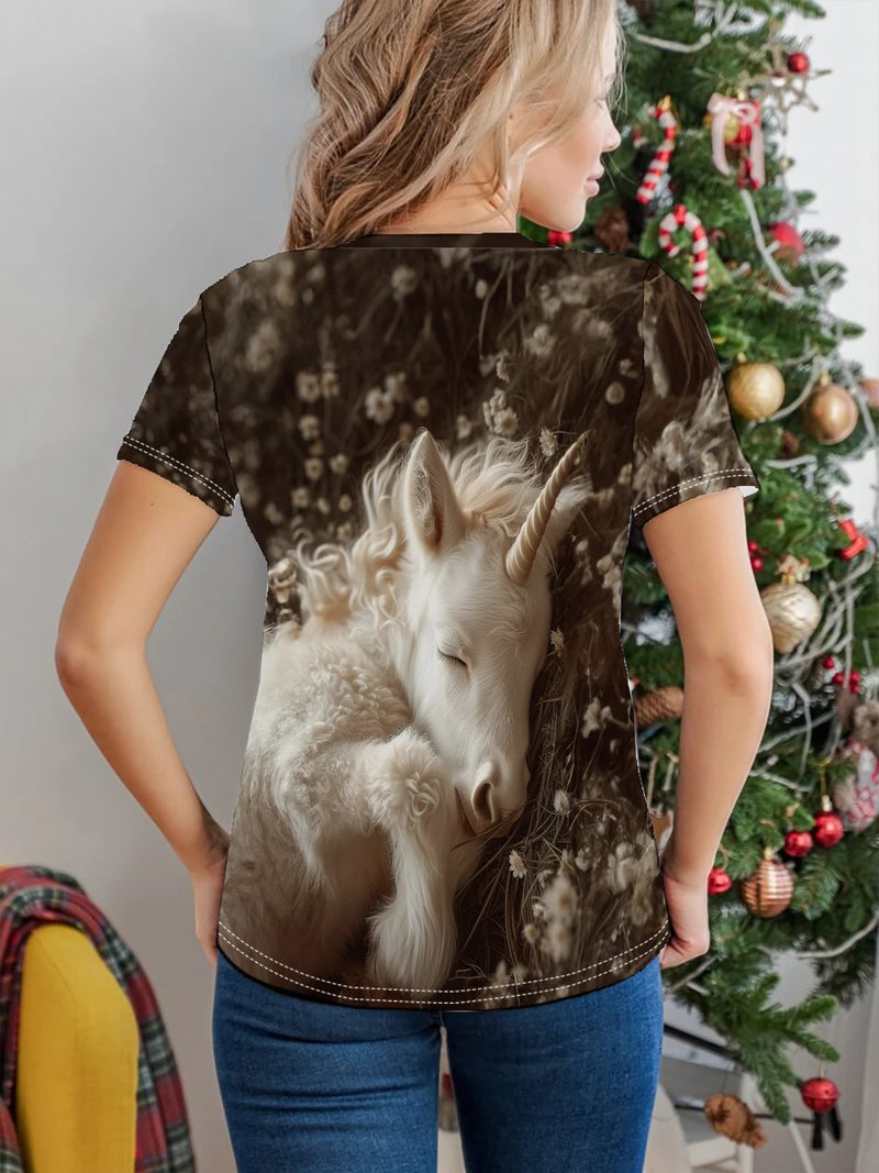 Unicorn Print T-shirt, Casual Crew Neck Short Sleeve Top For Spring & Summer, Women's Clothing