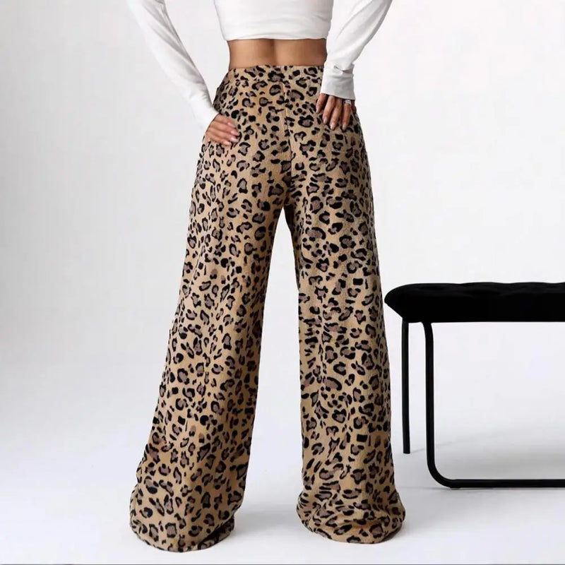 Women's Leopard Pant Casual High Waist Lace-up Elastic Wide Leg Pants Fall Winter New Women's Fashion Animal Print Trousers