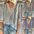 the RAINDROP - Women's Vintage Print Hollow Lace Patchwork Elegant Spring/Summer Trendy Casual V-Neck 3/4 Sleeve Loose Blouse Tops