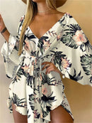 the RESORT BOHO - Women Print Dress Sexy V-Neck Bat Sleeve Ruffle Flowers Print Bohemian Beach Loose Summer Vacation Mini Dresses