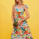the BRADY BOHO - Summer Spaghetti Strap Long Boho Sleeveless Low Cut Beach Fashion Floral Print Tie Up Pleated Dress