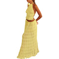 Women Boho Sexy Backless Matching Suit 2 Piece Beach Holiday Outfits Vintage Ruched Halter Cami Tops + Maxi Long Skirt Party