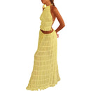 the BELLY DANCER - Sexy Boho Backless Matching Suit 2 Piece Beach Outfits Vintage Ruched Halter Cami Tops + Maxi Long Skirt