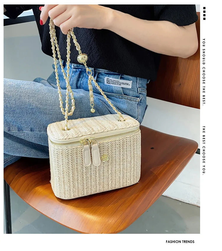 the PICNIC BOHO - Mini Straw Bucket Crossbody Bag for Women, Summer Weave Women's Brand Handbags and Purses, Fashion Chain Simple Shoulder Bags