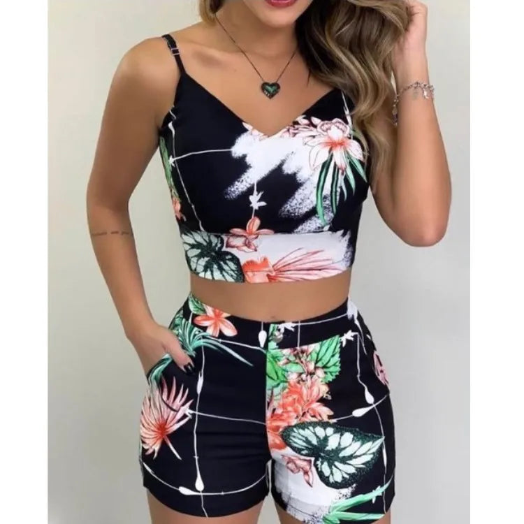 Women 2-piece Outfit Set Female High Waist Hot Shorts Pants Suit Summer Flower Printed Sleeveless V-neck Sling Blouse Shorts Set