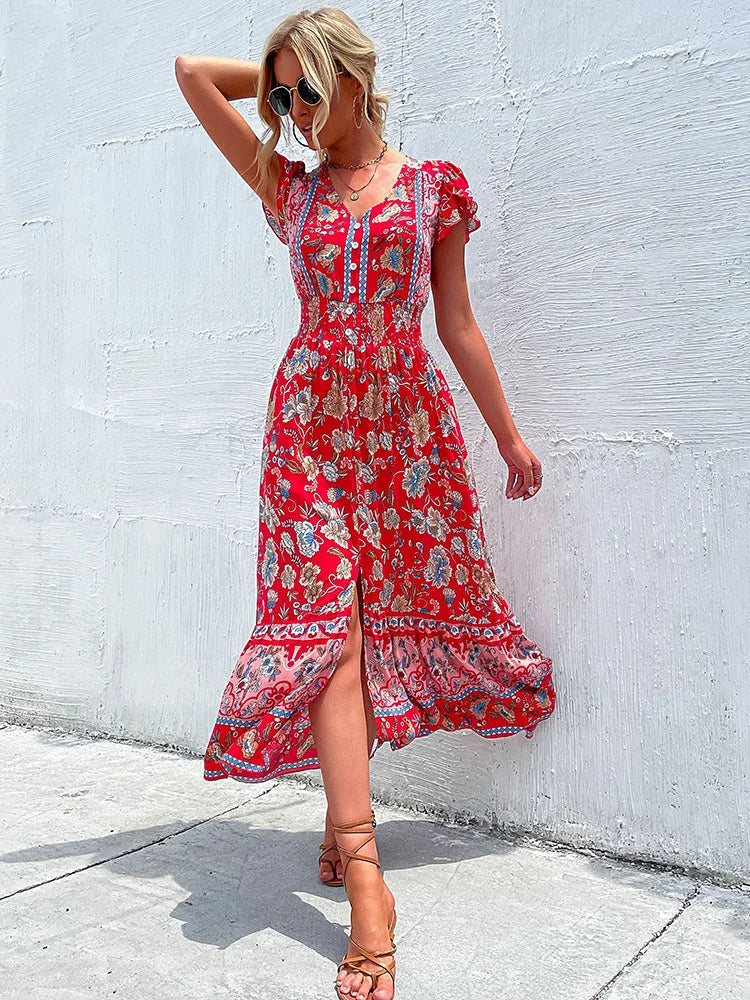 the BANDANA BOHO - Vintage Floral Boho Printed Short Sleeves V-Neck Slit A-Line Bohemian Summer Beach Midi Dresses