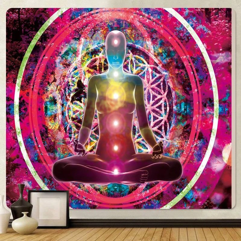 the MEDITATION - Mandala Seven Chakra Psychedelic Scene Home Decor Art Tapestry Hippie Wall Hanging, Boho Room Wall Decor