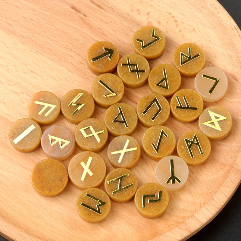 the RUNES - 25pcs Natural Crystal Runes Signs Round Stone Runic Alphabets Letters Sacred Symbol Healing Gem Energy Amulet Reiki Chakra Set