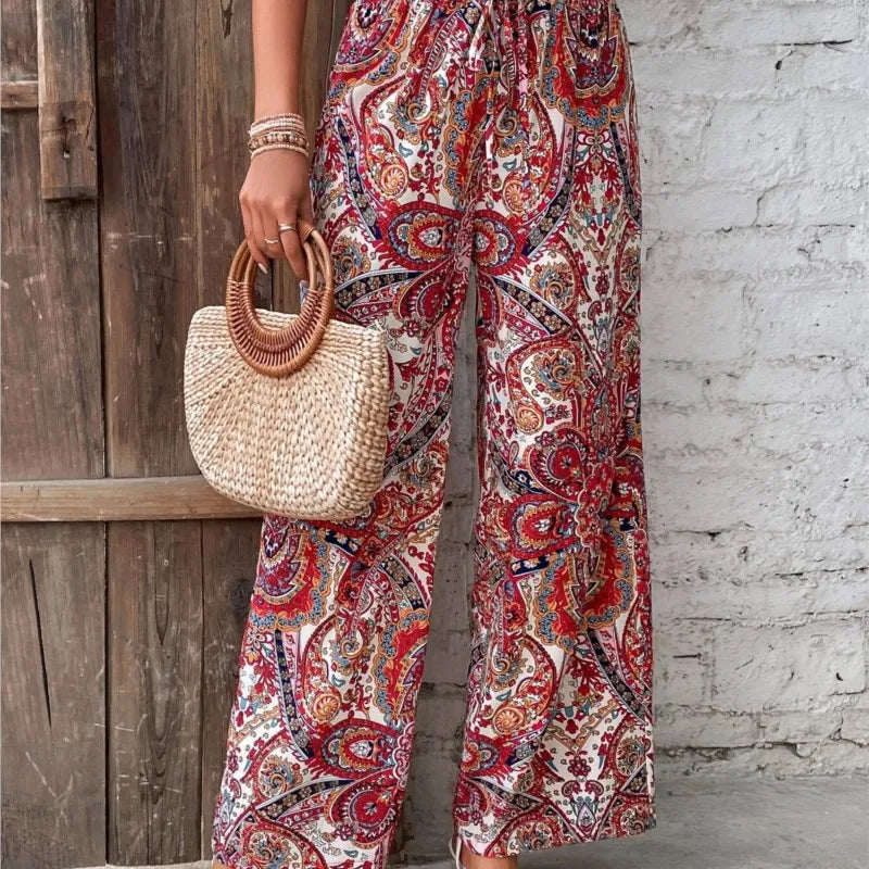 Women's Pants 2024 Summer New Fashion Versatile Printed Elastic Waist Wide Leg Pants Retro Ethnic Style Elastic Waist Trousers