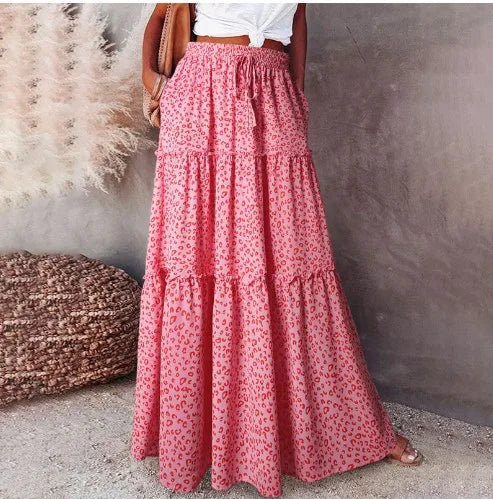 New Long Skirt Retro Skirt Loose Casual High Waist Skirt Bohemian Style Patchwork Pleated Pocket Skirt