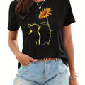 Sunflower & Cat Print T-Shirt, Short Sleeve Crew Neck Casual Top For Summer & Spring, Women's Clothing