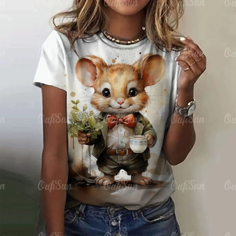 Cute Mouse Print Cartoon Women's T-shirts Funny Short Sleeves Tees Tops Summer Casual Animal Female Clothing Loose Streetwear