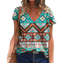 the TURQUOISE - Summer Western Aztec Graphic 3D Print V-Neck Casual Oversized T-Shirts for Women