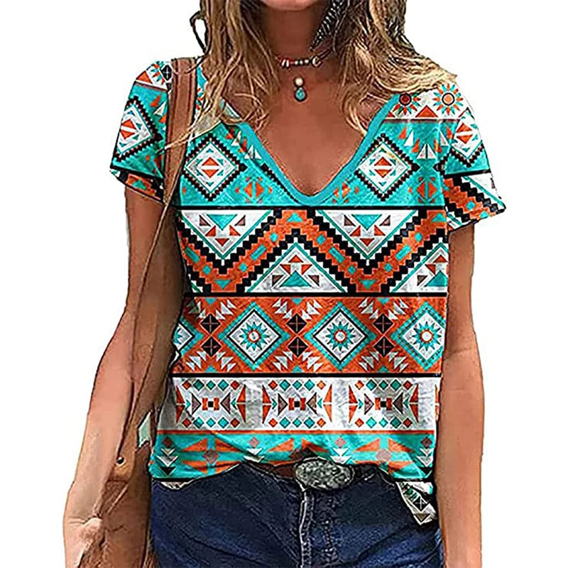 Summer Western Aztec Graphic 3D Print T Shirt Women V-Neck Casual Tees Y2k Tops Female Harajuku Streetwear Oversized T-shirts