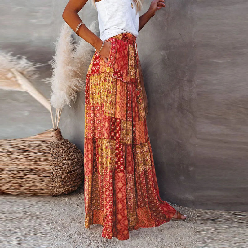 New Long Skirt Retro Skirt Loose Casual High Waist Skirt Bohemian Style Patchwork Pleated Pocket Skirt