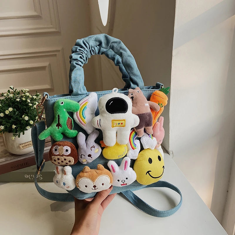 the DOLLY LLAMA - Cute Dolls Design Bucket Shoulder Crossbody Bags, Fashion Denim Cartoon Toy Decoration Tote Handbags for Women