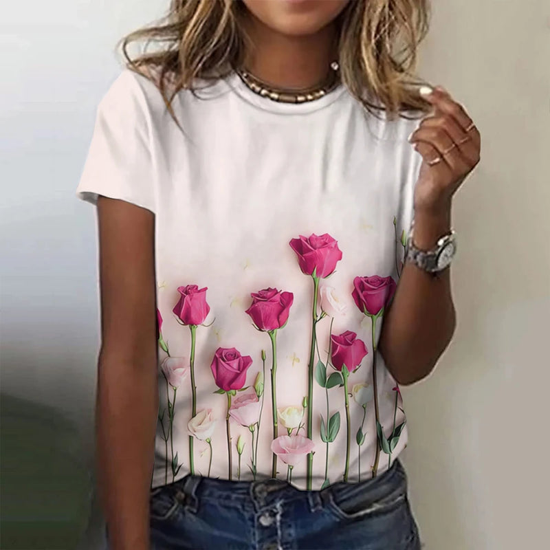 2024 Top Women Flower Printed Women's T-Shirt Oversized T-Shirt Popular Clothes Women Clothing Short Sleeve Tee Blouse