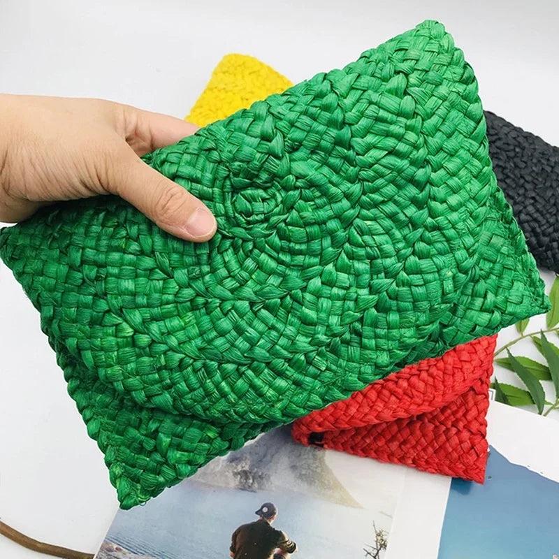 the LETTER BAG - Fashionable Corn Husk Straw Bags, Hand-Woven Women Clutch, Envelope Handbag Long Purse for Female, Summer Beach Bag