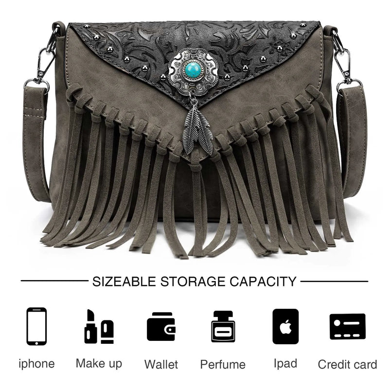 the WESTERNER - Original Design Shoulder Bag for Women, PU Leather Luxury Clutch Designer Handbags, Western Purse Fringe Messenger Bag