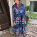 the COUNTY FAIR - Elegant Floral Print Loose Bohemian Retro Long Sleeve Casual Single Breasted Lapel Shirt Dress for Women