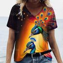 the PEACOCK - 3D Peacock Feathers Print Fashion Short Sleeve Casual V-Neck T-Shirts for Women