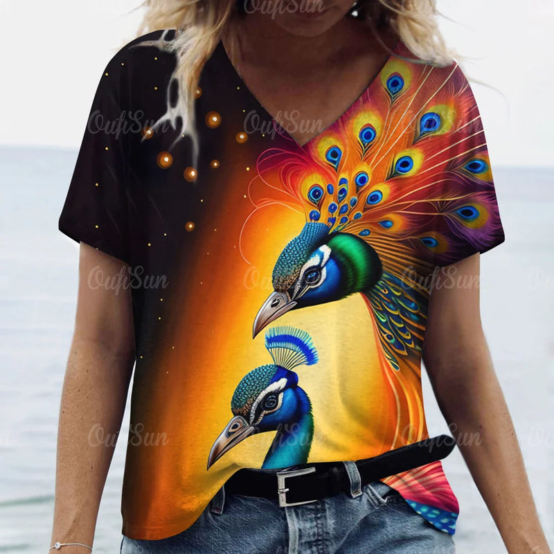 Women's T Shirt Tee 3d Peacock Feathers Print Daily Fashion Short Sleeve Aesthetics Casual V Neck Casual T-Shirts For Woman