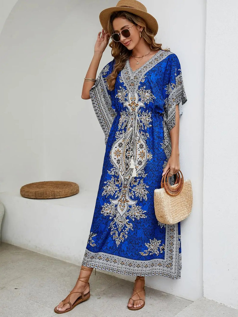 Bohemian V-neck Short Sleeve Beach Smock Dress Women 2023 Summer Loose Casual Sunscreen Print Boho Long Dresses For Women