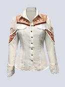 the BOHO RODEO - Elegant Chic Women Tops Western Print Button Turndown Collar Slim Waist Shirt Fringed Hollow Long Sleeve Blouse