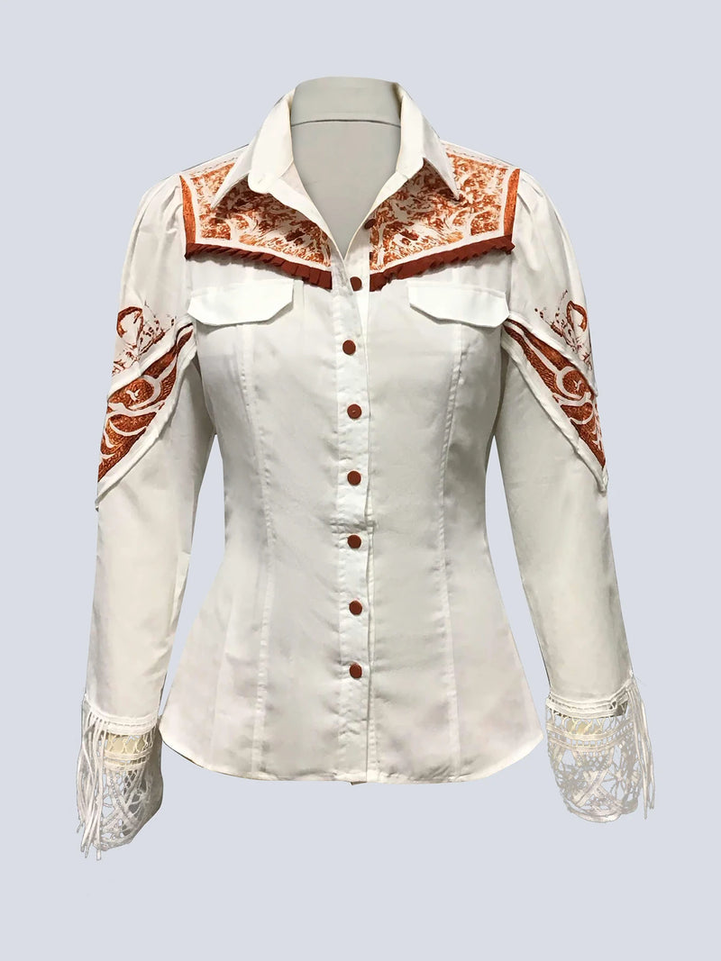 Elegant Chic Women Tops Western Print Button Turndown Collar Slim Waist Shirt Fringed Hollow Long Sleeve Office Lady Blouse