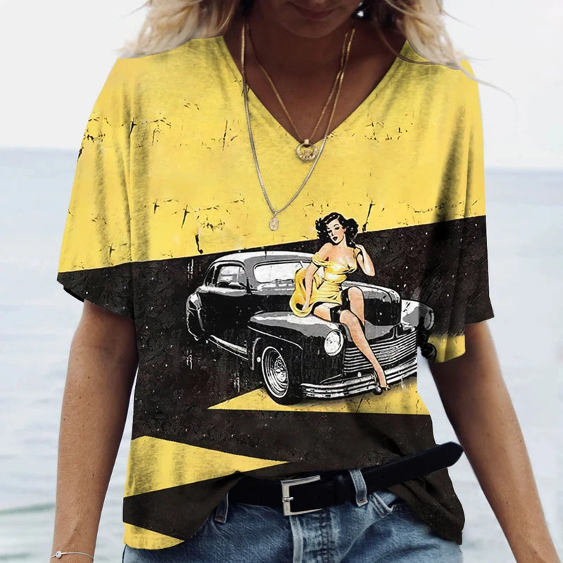 Hot US Route 66 Pattern 3D Print Women's V-Neck T-shirts Casual Lady Short Sleeve Oversized Pullover Fashion Tops Women Clothes