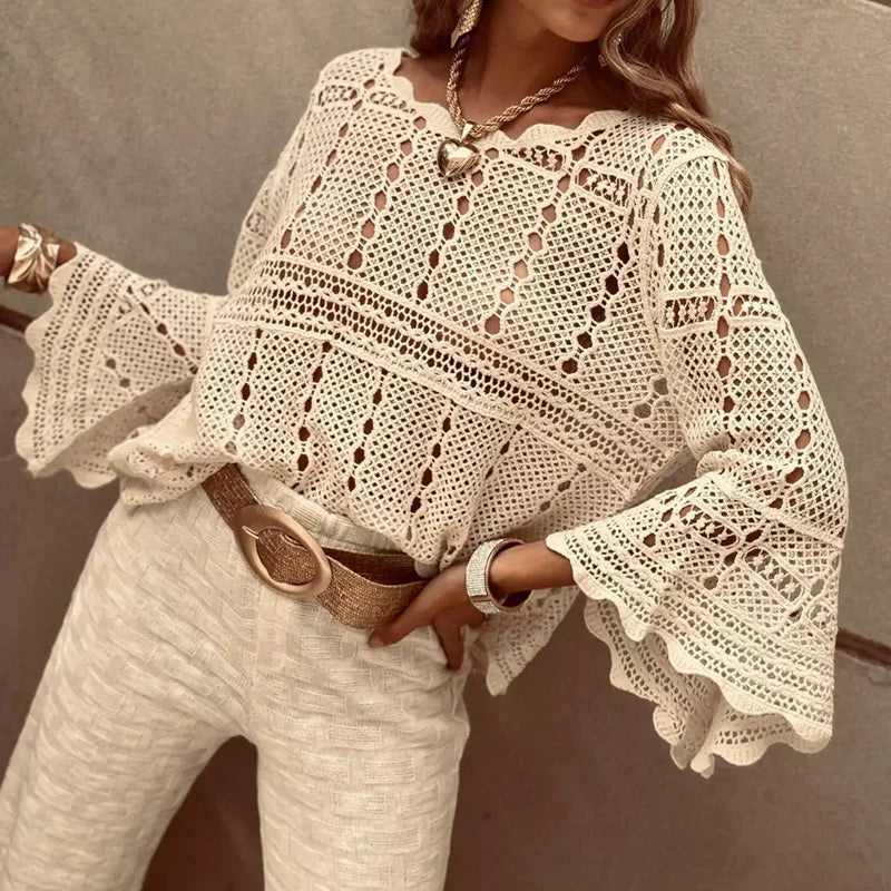 Spring Summer Lace Crochet Women's White Shirts 2024 New Hollow Out Beach Bohemian Cover Up Tees Female Long Sleeve Knitted Tops