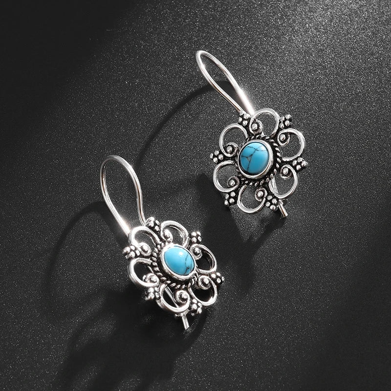 the ANTIQUE FLOWER - Beautifully Inlaid Blue Turquoise Flower Hypoallergenic Earrings for Women, Stylish Elegant Banquet Jewelry