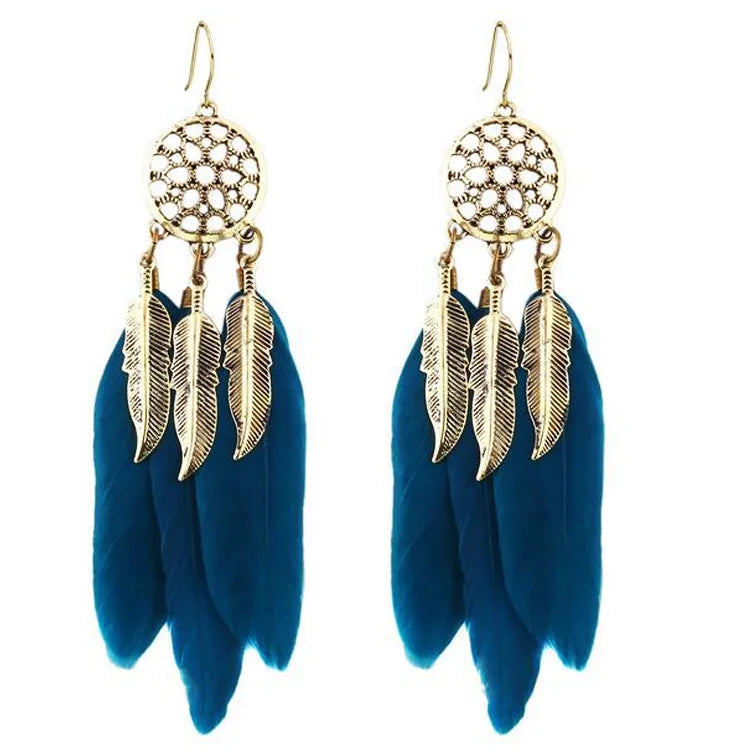 the BOHO DREAM - Hollow Vintage Leaf Feather Drop Earrings, Bohemian Feathers Long Design Hollow Metal Earrings, Ladies Jewelry